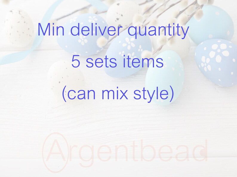 May include: Easter-themed image featuring pastel-colored eggs with floral patterns and speckled designs. The eggs are arranged on a white wooden surface with sprigs of pussy willow and a blue ribbon. Text on the image reads "Min deliver quantity 5 sets items (can mix style)".