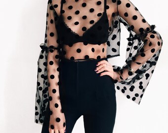 Crop top, tulle top, polka dot top, mesh top, sheer top, transparent top, coctail top, black top, polka dot clothers