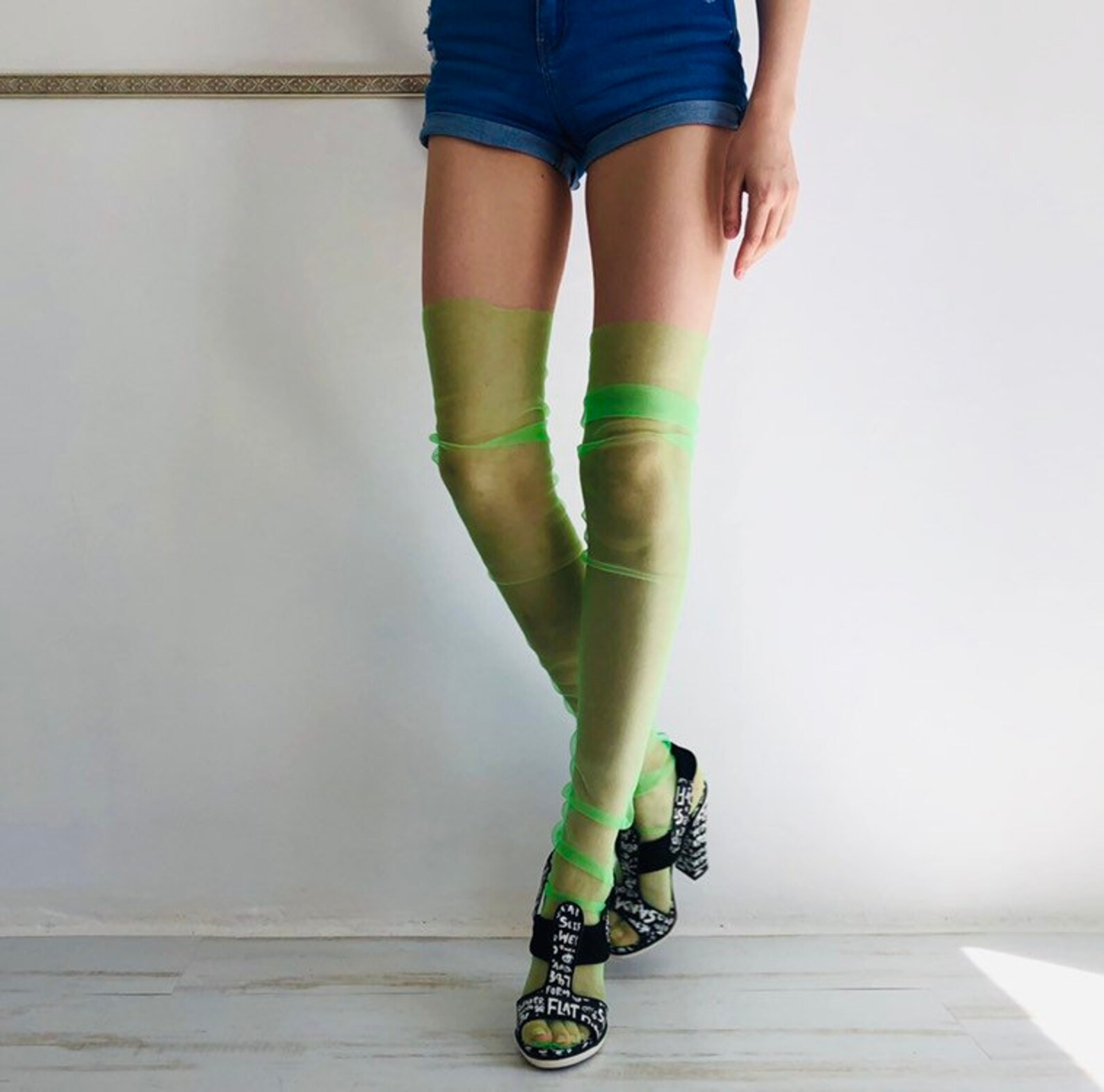 Neon Green thigh high socks tulle stockings sheer socks Etsy