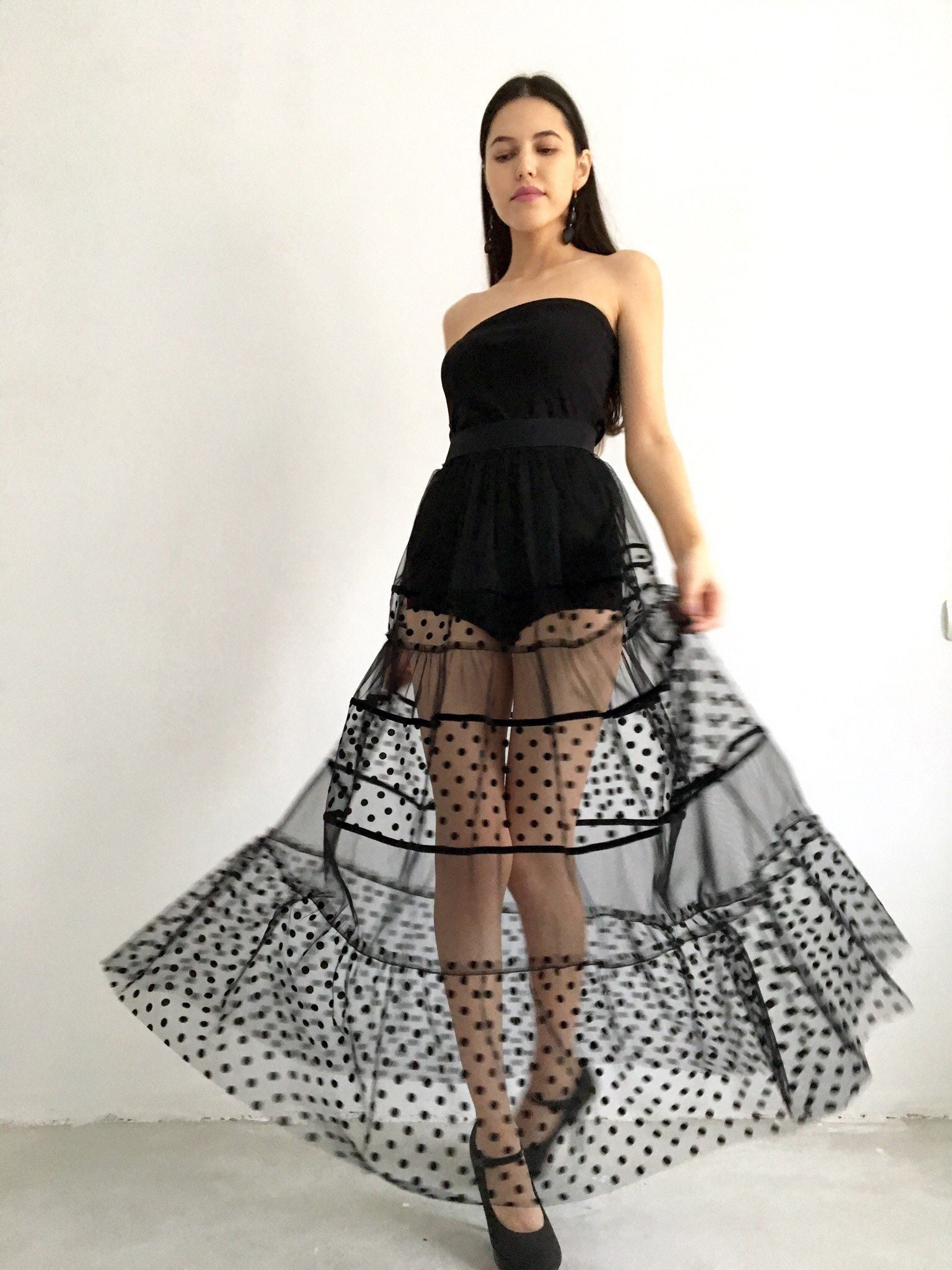 Black maxi skirt sheer floor skirtlong mesh skirt polka dot Etsy