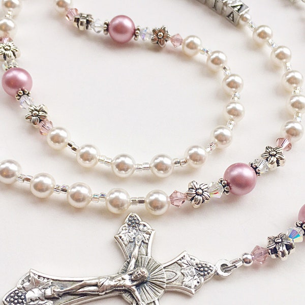 Beautiful Pink & Pearl Rosary, Baptism Gift for Girl, Personalized Rosary, First Communion Gift