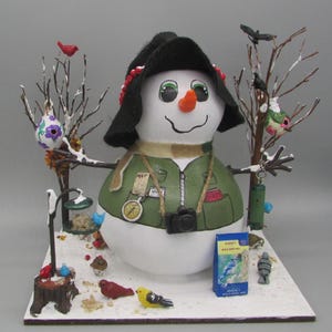 Painted Gourd Snowman: Bird Watcher with Feeders, Sack of Food, Birdhouse, Squirrels Nest
