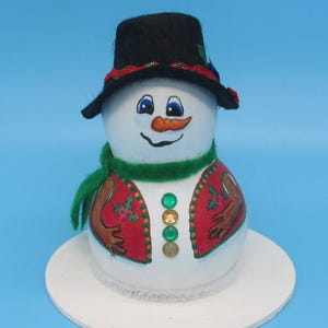 Hand Painted Snowman Gourd Wearing a Red Vest