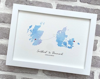 Personalised two country watercolour map print, long distance gift, far apart, two countries custom map art, choice of 16 colours and styles