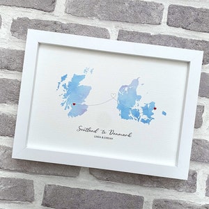 Personalisierte zwei Länder Aquarell Karte, Ferngeschenk, weit voneinander entfernt, zwei Länder benutzerdefinierte Karte Kunst, Auswahl von 16 Farben und Stilen