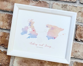 Custom two country watercolour map art, long distance relationship gift, custom love map, long distance gift, two locations, couples gift
