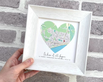 Personalised silk anniversary map with caption, modern contemporary silk map frame, meaningful 4th 12th anniversary gift for husband or wife