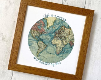 Framed silk world map print, 12th anniversary gift, personalised wanderlust travel quote