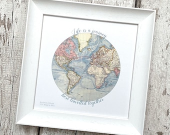 Cadeau d'anniversaire de mariage romantique en soie, 12e anniversaire de mariage, carte du monde vintage avec texte personnalisé, la vie est un voyage, vous voulez dire le monde