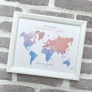 Personalised real silk 12th wedding anniversary frame, our adventures, gift for husband wife 12 years married, special places world map