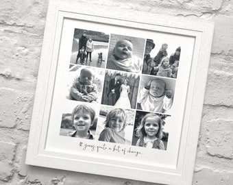 Silk collage photo frame, 4th 12th wedding anniversary gift for husband or wife, 4 or 9 family photographs, wedding day venue, bride & groom