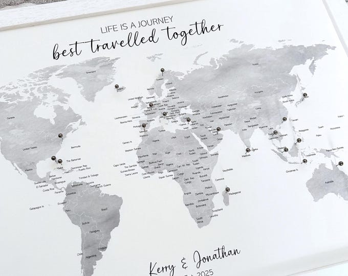 Custom grayscale monochrome push pin world map, small personalised canvas pinboard, wanderlust adventure travel map, minimalist modern décor
