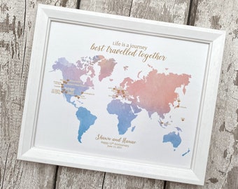 Silk anniversary gift for her, watercolour world map, places travelled together in 12 years, silk anniversary gift for wife, our journey