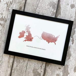 Aangepast cadeau voor langeafstandskaart van twee landen, altijd in ons hart, gepersonaliseerde kaartprint van twee landen, thuis is waar het hart is!