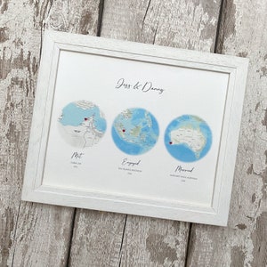 Art de carte en soie sur mesure, 3 cartes dans un style topographique imprimées sur soie, 4e ou 12e anniversaire de mariage, cadeau pour femme, fiancés mariés