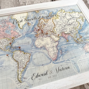Vintage Landkarte Weltkarte, Pinnwand personalisiert, Fernweh Karte, Das Leben ist eine Reise, die man am besten gemeinsam bereist