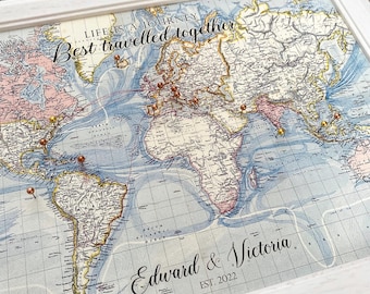 Custom vintage push pin world map, personalised canvas pinboard, wanderlust adventure travel map, life is a journey best travelled together