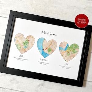 Personalisierter Aquarell Kartenrahmen, Liebesgeschichte mit 3 beliebigen Orten, verlobte verheiratete Flitterwochen, Verlobung zum Hochzeitstag verlobt