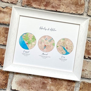 Silk love story watercolour map art, any 2 or 3 locations, 4th 12th wedding anniversary gift for wife, story of us, met engaged married maps