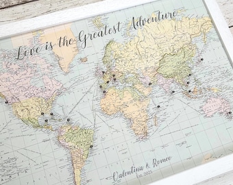 Custom pastel rainbow vintage push pin world map, personalised canvas pinboard, romantic wanderlust adventure travel map, adventure awaits