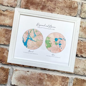 Art de carte aquarelle histoire d'amour en soie, 2 endroits dans le monde entier, 4e 12e anniversaire de mariage pour femme, histoire de nous, rencontre fiancée