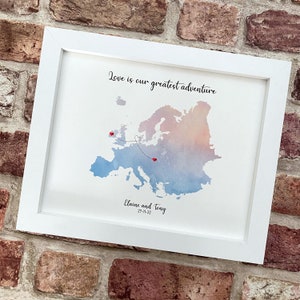 Cadre de carte personnalisé à l'aquarelle, n'importe quel état, pays ou continent, Europe, Royaume-Uni, États-Unis et plus encore, cadeau de mariage ou de fiançailles unique