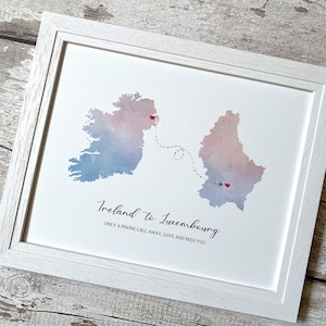 Fernbeziehung Geschenk für Freund Ehemann, personalisierte zwei Länder Silhouette Karte Druck, Paar Liebesgeschichte oder Freundschaft