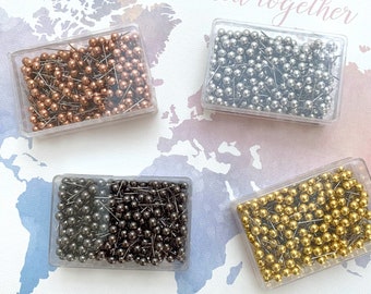 Additional metallic pushpins for world map canvas pinboards, gold, silver, pewter, rose, gold, extra push pins