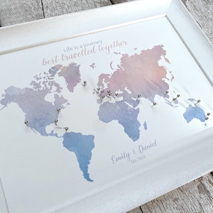 Individuelle Aquarell Pinnwand Weltkarte, kleine Pinnwand für Hochzeitstag, Jahrestag, Geburtstag, Jahrestag, Jahrestag