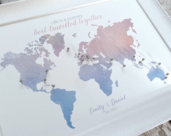 Custom watercolour push pin world map, small personalised canvas pinboard, wanderlust adventure travel map, cotton or paper anniversary