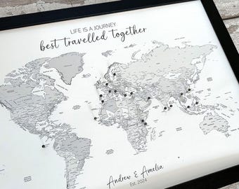 Custom A3 world map travels pinboard, detailed grayscale political map, grey minimalist décor, engagement wedding birthday wanderlust gift