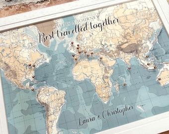 Personalised old world map pinboard, canvas travel pin map, push pin travel map with vintage map background, romantic wedding couple gift