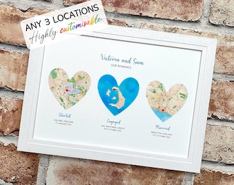 Custom watercolour map print, engagement, wedding, 1st paper or 2nd cotton anniversary gift