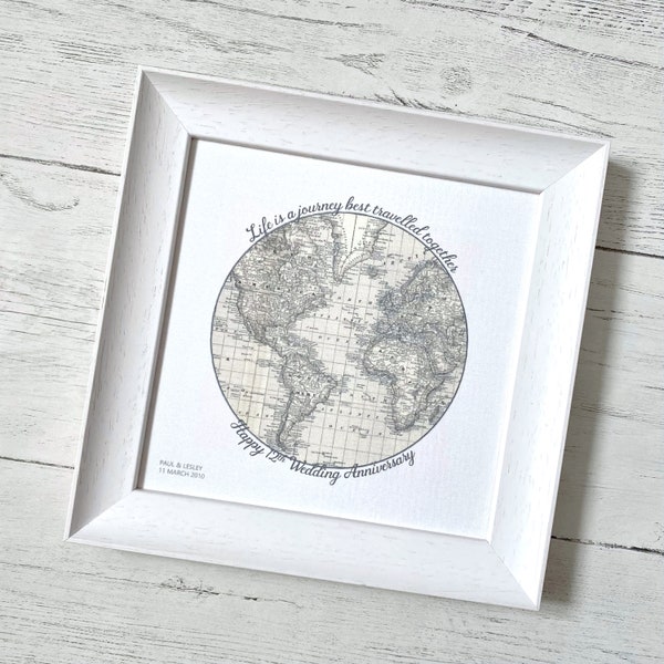 Vintage map 12th silk wedding anniversary gift, antique world map on real silk, life is a journey best travelled together, you're my world