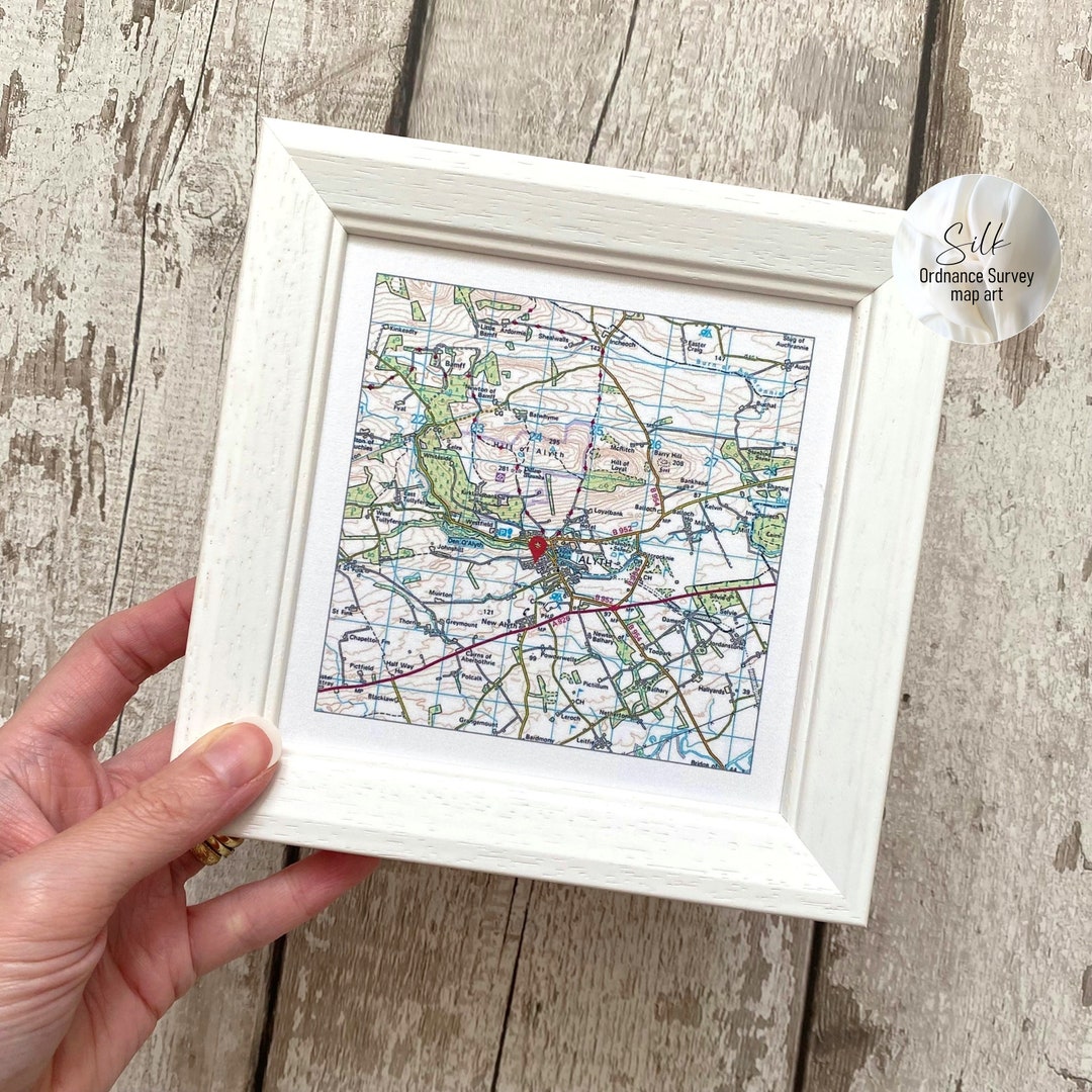 Framed Ordnance Survey Map Art on Silk, 12 Year Anniversary Gift for