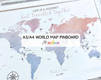 Custom world map pinboard, personalised travel tracker, 24 watercolour backgrounds, wanderlust gift for travellers