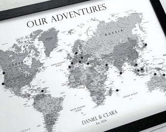 Personalised monochrome world map pinboard, modern industrial grayscale black and white wall décor, custom A3 push pin map