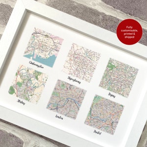 Impression de carte moderne personnalisée avec 6 lieux, où nous avons rencontré fiancés mariés lune de miel étudié maison famille, anniversaire de mariage ou cadeau d'anniversaire