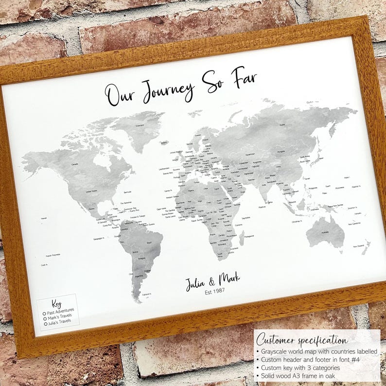 Custom grayscale monochrome push pin world map, small personalised canvas pinboard, wanderlust adventure travel map, minimalist modern décor Bild 11