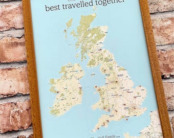 Personalised UK pinboard, push pin map, United Kingdom, British Isles, Great Britain, Ireland, our adventures, family travel tracker
