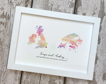 Personalised watercolour two location love map, long distance engagement or wedding gift, framed two countries or states, our journey so far