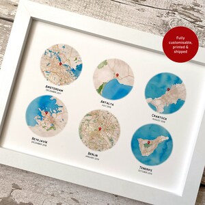 Impression personnalisée de carte aquarelle de 6 lieux, histoire d'amour ou histoire de vie, cadeau de retraite d'anniversaire de mariage personnalisé, six lieux