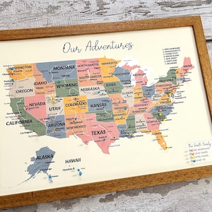 Personalised boho push pin US map, warm sunset neutral rich earth tones, small A3 United States pinboard