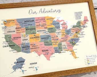 Personalised boho push pin US map, warm sunset neutral rich earth tones, small A3 United States pinboard