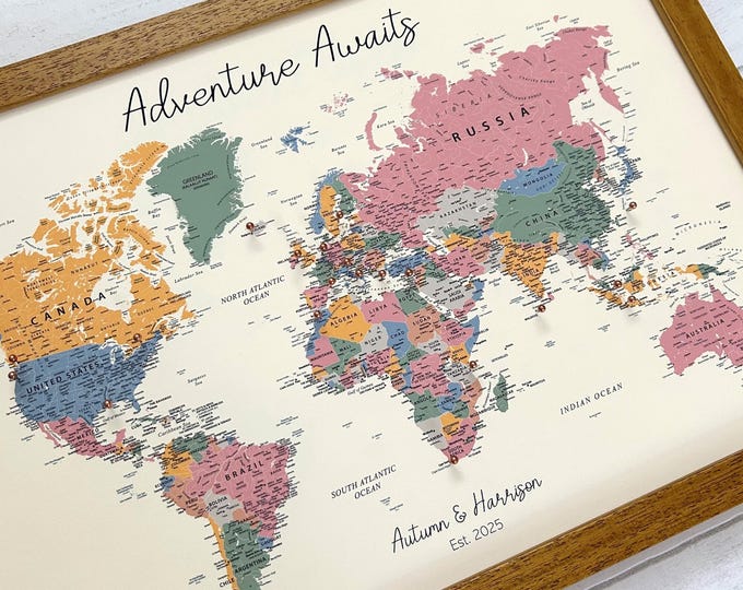 Custom modern boho push pin world map, warm sunset neutral rich earth tones, small personalised A3 pinboard, personalised boho wall décor