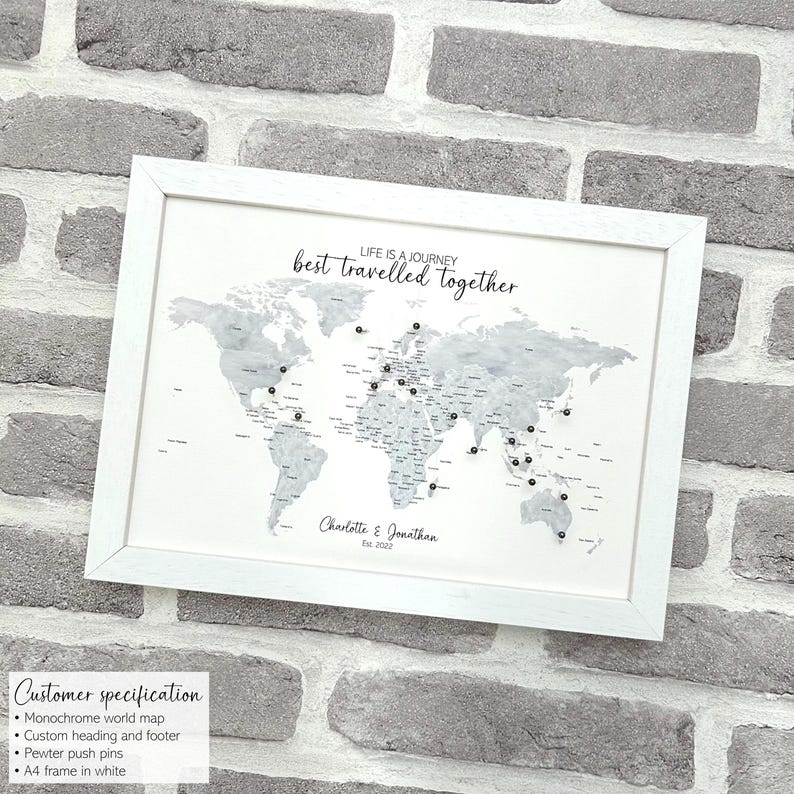 Custom grayscale monochrome push pin world map, small personalised canvas pinboard, wanderlust adventure travel map, minimalist modern décor Bild 12