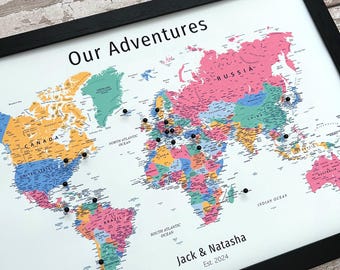 Custom modern vibrant political world map with pins, bold bright colourful print, personalised retro tropical wall décor, small A3 pinboard