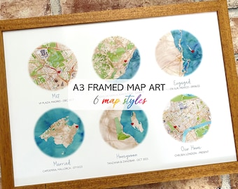 Custom 6 location watercolour map art, large A3 framed print, love story or life story
