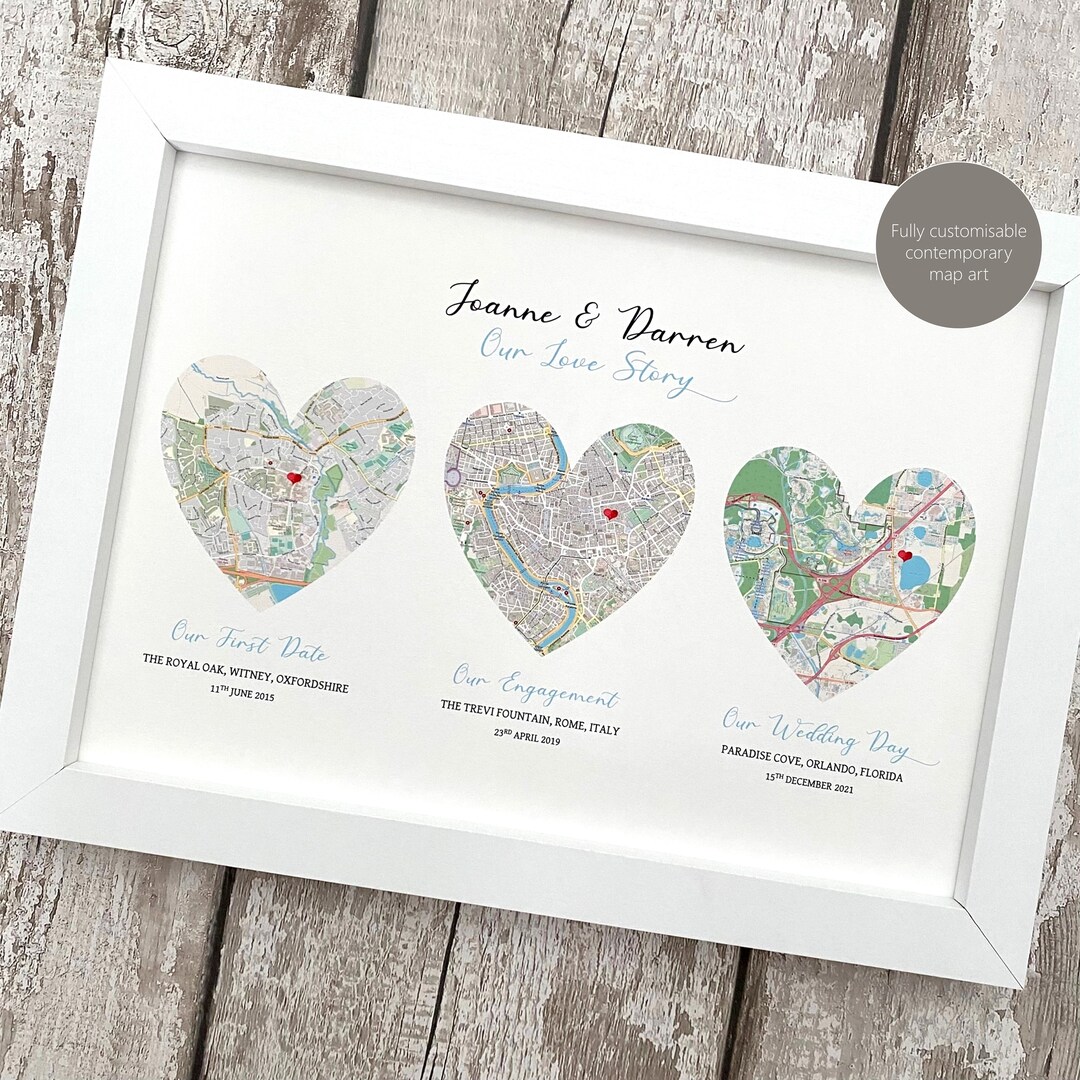 Contemporary Map Art, 3 Locations Met Engaged Married Honeymoon Home