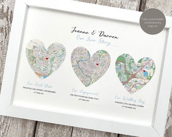 Contemporary map art, 3 locations met engaged married honeymoon home, custom modern map giclée print, wedding anniversary gift